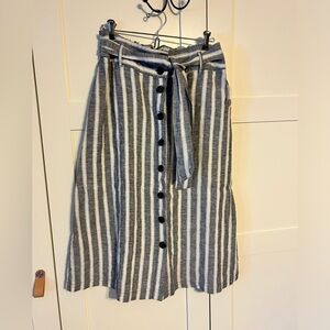 NWT 100% linen striped and belted button front midi skirt